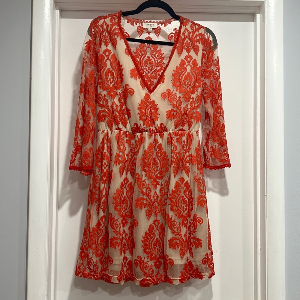 Anthropologie Orange & cream lace long sleeve dress